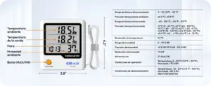 Pantalla del Elitech BT-3S mostrando temperatura ambiente, temperatura de la sonda, humedad relativa, hora y función MAX/MIN, junto con dimensiones y especificaciones técnicas del equipo.
