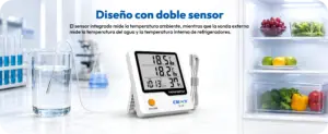 Elitech BT-3S con doble sensor utilizando la sonda externa para medir la temperatura de líquidos y el interior de refrigeradores, mientras el sensor integrado monitorea la temperatura y la humedad ambiente.