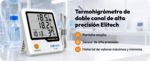 Termohigrómetro de doble canal Elitech BT-3S con pantalla amplia, sensor de alta precisión y función de registro de valores máximos y mínimos para el monitoreo ambiental.