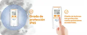 Datalogger Elitech Tlog 10 con grado de protección IP65 resistente al polvo y al agua, además de botones con diseño protegido contra pulsaciones accidentales para un funcionamiento seguro.
