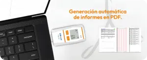 Datalogger Elitech Tlog 10H conectado mediante USB a una computadora portátil para la generación automática de informes y exportación de datos de temperatura y humedad en formato PDF.