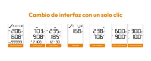 Interfaz del Elitech GSP-6 Pro con acceso mediante un clic a valores máximo, mínimo, MKT y promedio, además de límites superior e inferior de alarma de temperatura.