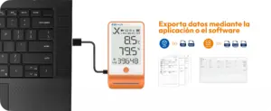 Elitech GSP-6 Pro conectado a una computadora portátil para exportar datos mediante el software Elitech y la aplicación móvil, con generación de informes en PDF, Excel y TXT.