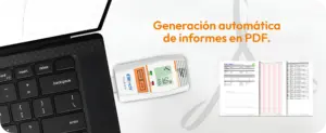 Datalogger Elitech Tlog B100H conectado a una computadora mediante USB para visualizar y generar automáticamente informes PDF de los registros de temperatura y humedad.
