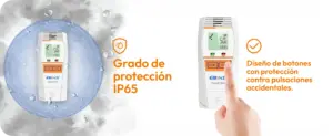 Datalogger Elitech Tlog B100H con protección IP65 y botones protegidos contra pulsaciones accidentales para un registro confiable de temperatura y humedad durante el transporte.