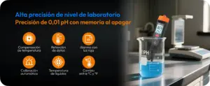 Medidor de pH Elitech PHM-230 con precisión de 0,01 pH, compensación automática de temperatura, retención de datos, calibración automática, medición de temperatura y selección °C o °F.