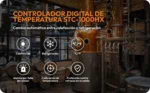 Controlador digital de temperatura Elitech STC-1000HX para cambio automático entre calefacción y refrigeración, con selección °C/°F, calibración, alarma por falla del sensor y protección contra retrasos de salida.