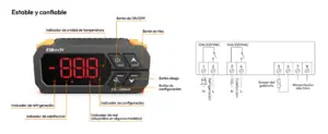Partes del controlador Elitech STC-1000HX identificando indicador de unidad de temperatura, botones de encendido, configuración y ajuste, indicadores de refrigeración y calefacción y conexión de red disponible en algunos modelos.