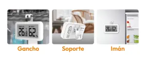 Opciones de instalación del termohigrómetro Elitech TM-2TH mediante gancho, soporte de escritorio e imán para adaptarse a diferentes superficies y espacios.