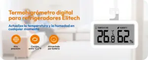 Termohigrómetro digital para refrigeradores Elitech TM-2TH con medición de temperatura y humedad, alta precisión, selección °C/°F y alimentación mediante batería.