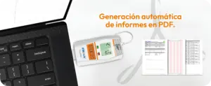 Datalogger Elitech Tlog 100EC conectado a una computadora mediante USB mostrando la generación automática de informes PDF con los registros de temperatura.