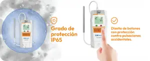 Datalogger Elitech Tlog 100EC con protección contra polvo y humedad y diseño de botones protegido contra pulsaciones accidentales durante el transporte y monitoreo de temperatura.