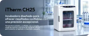 Incubadora Neuation iTherm CH25 instalada en un laboratorio con cajas Petri y vasos en su interior, proporcionando un entorno de temperatura estable para procesos de incubación.